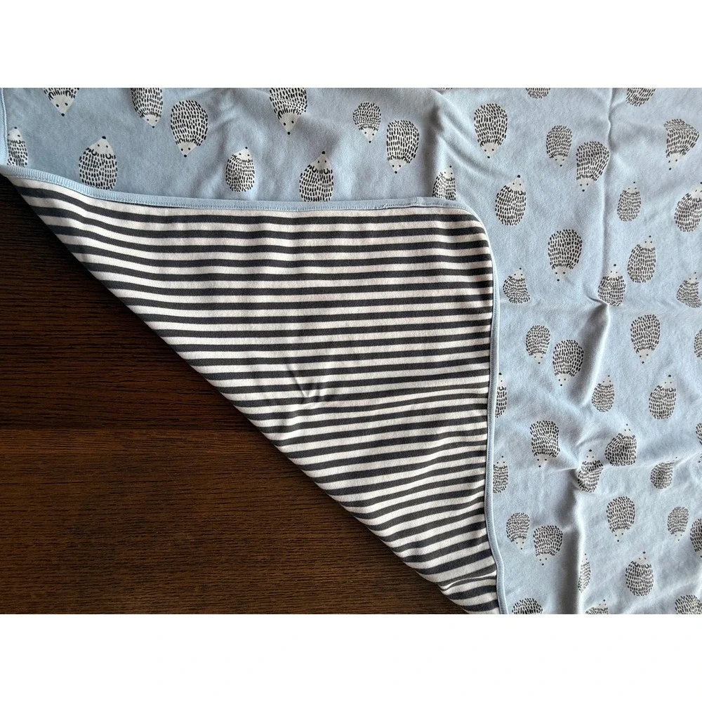 Tea Collection Blue Hedgehog Reversible Cotton Baby Blanket Striped 29x29